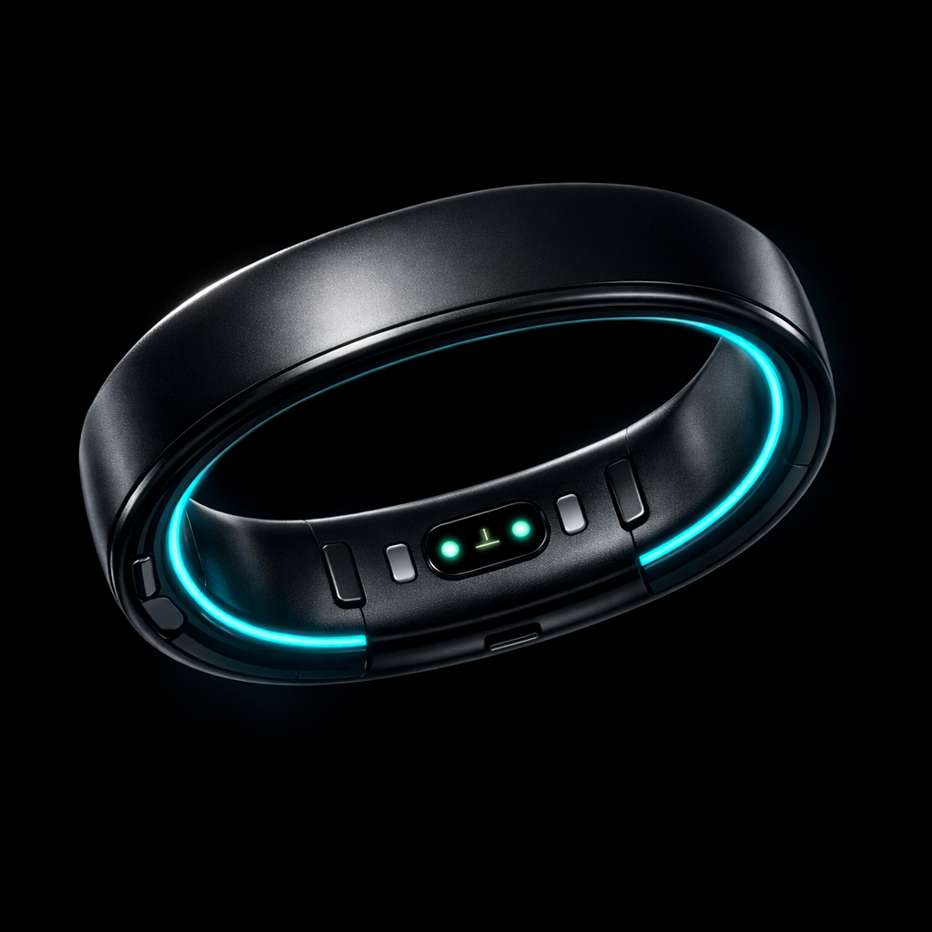 Bio-sensing smart band with electric cyan glow on obsidian body