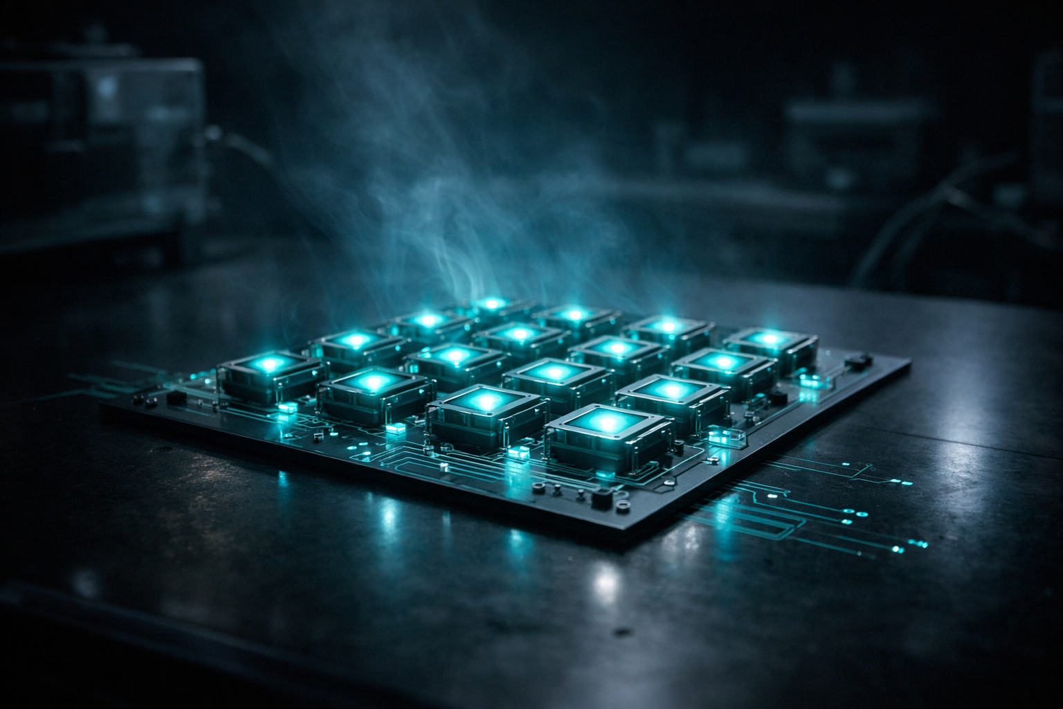 Photonics sensor array glowing cyan on a dark lab bench